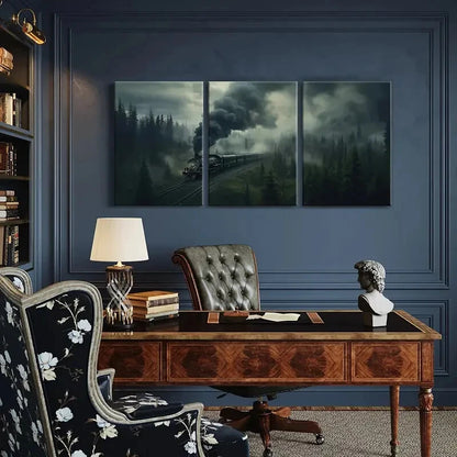 3pcs Misty Forest Steam Train Dark Sky Metal Print Ready to Hang Art