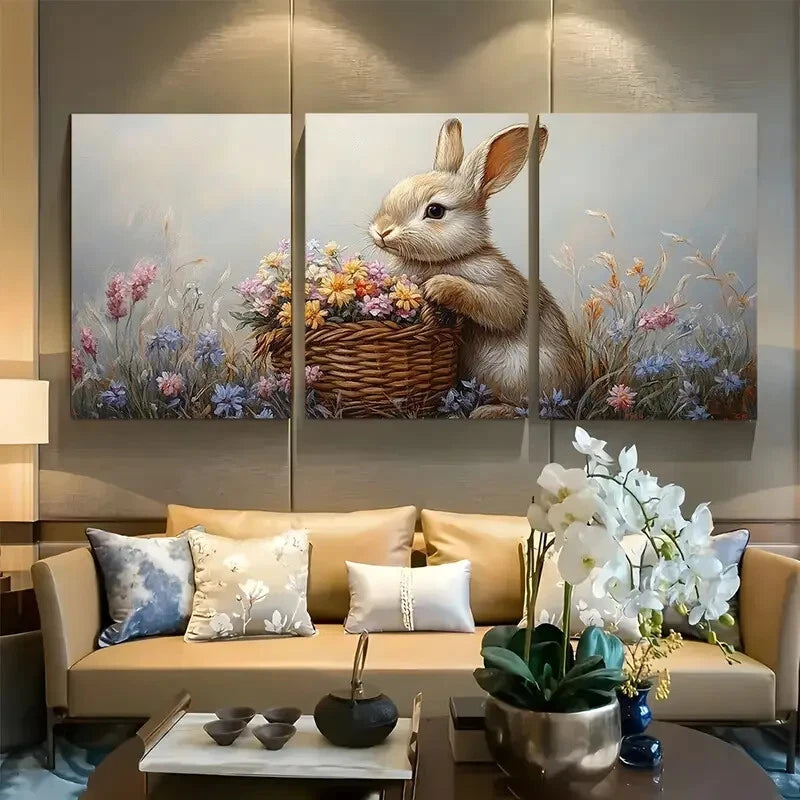 3pcs Rabbits with Flower Baskets in Meadow Metal Print Ready to Hang Art