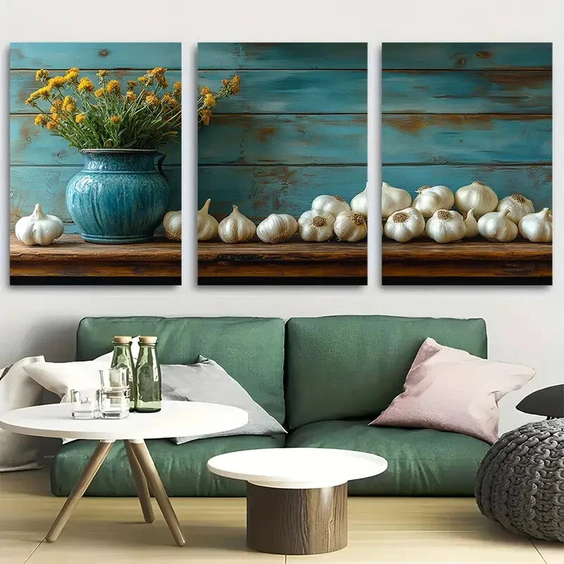3pcs Rustic Garlic and Herb Kitchen Still Life Metal Print Ready to Hang Art