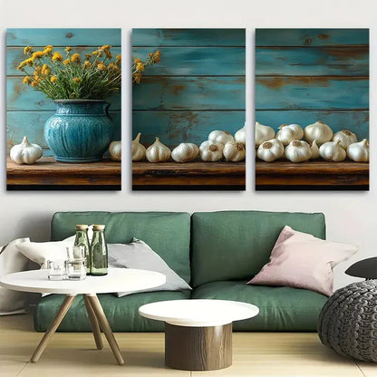 3pcs Rustic Garlic and Herb Kitchen Still Life Metal Print Ready to Hang Art