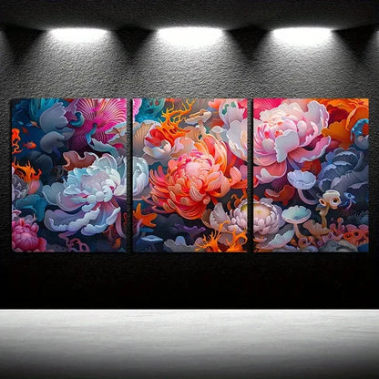3pcs Vibrant Modern Abstract Flower Illustration Metal Print Ready to Hang Art