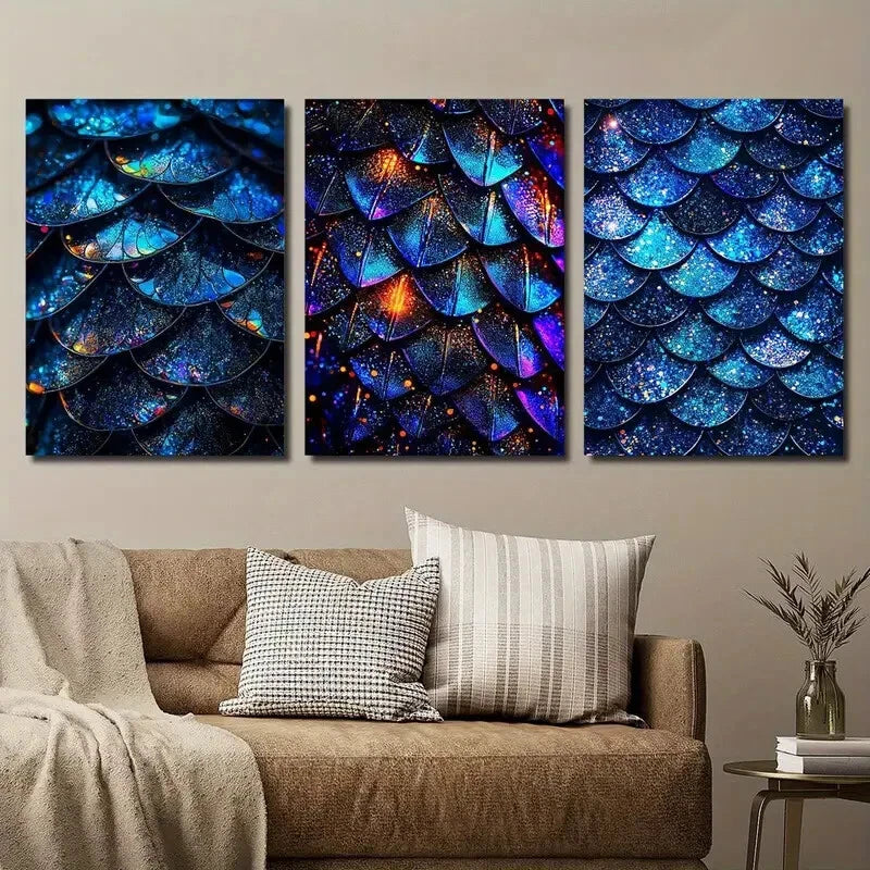 3pcs Blue Glitter Scales Décor Modern Perfect Wall Art Set Canvas Framed 40x60cm - High Quality Print 100% Australian Made Wall Canvas Ready to Hang