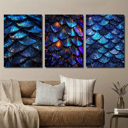 3pcs Blue Glitter Scales Décor Modern Perfect Wall Art Set Canvas Framed 40x60cm - High Quality Print 100% Australian Made Wall Canvas Ready to Hang