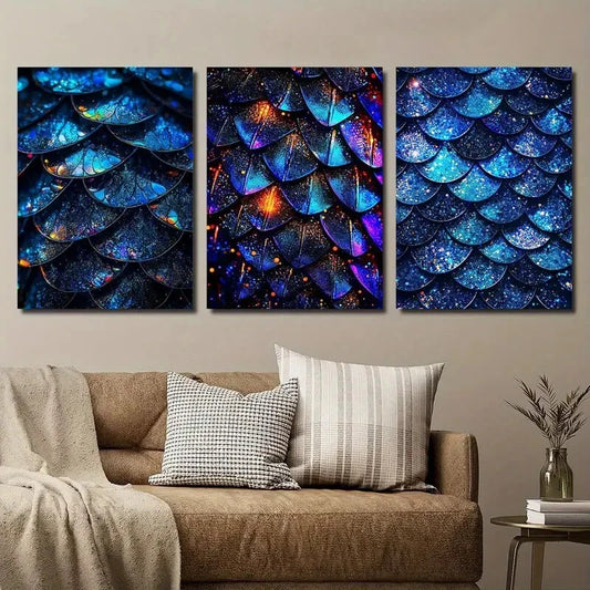 3pcs Blue Glitter Scales Décor Modern Perfect Wall Art Set Canvas Framed 40x60cm - High Quality Print 100% Australian Made Wall Canvas Ready to Hang