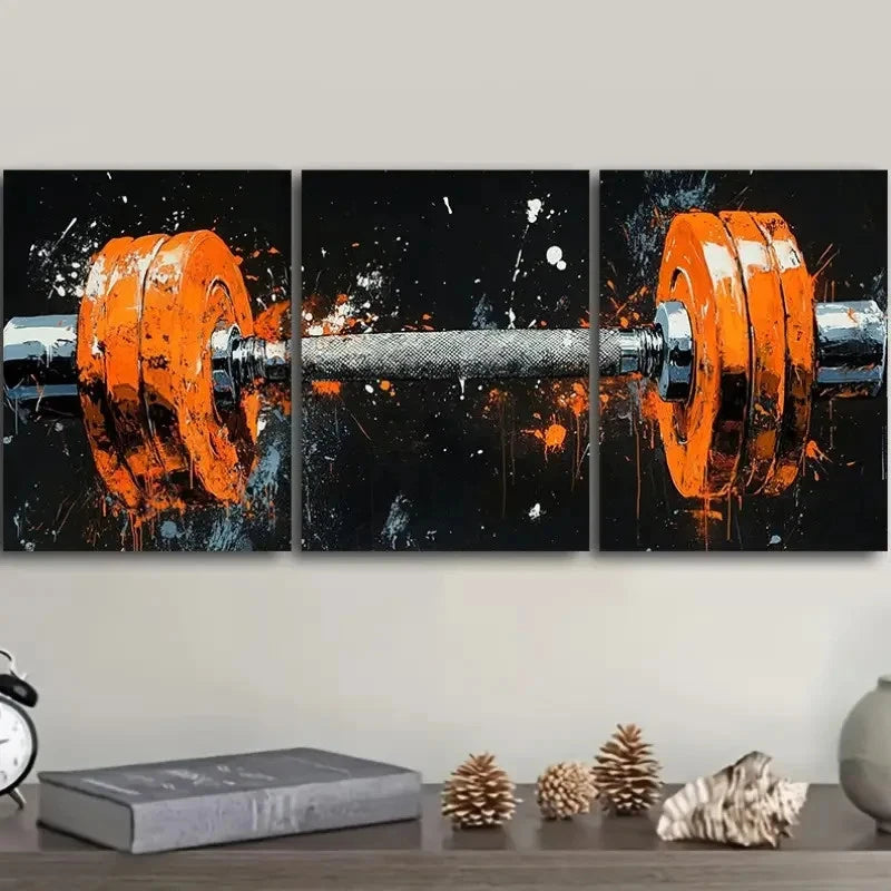 3pcs Orange Fitness Equipment Design Metal Print Ready to Hang Art