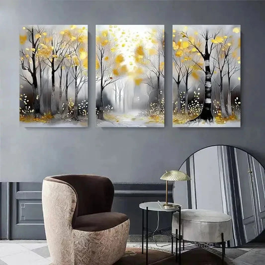 3pcs Golden Leaves & Misty Path Metal Print Ready to Hang Art