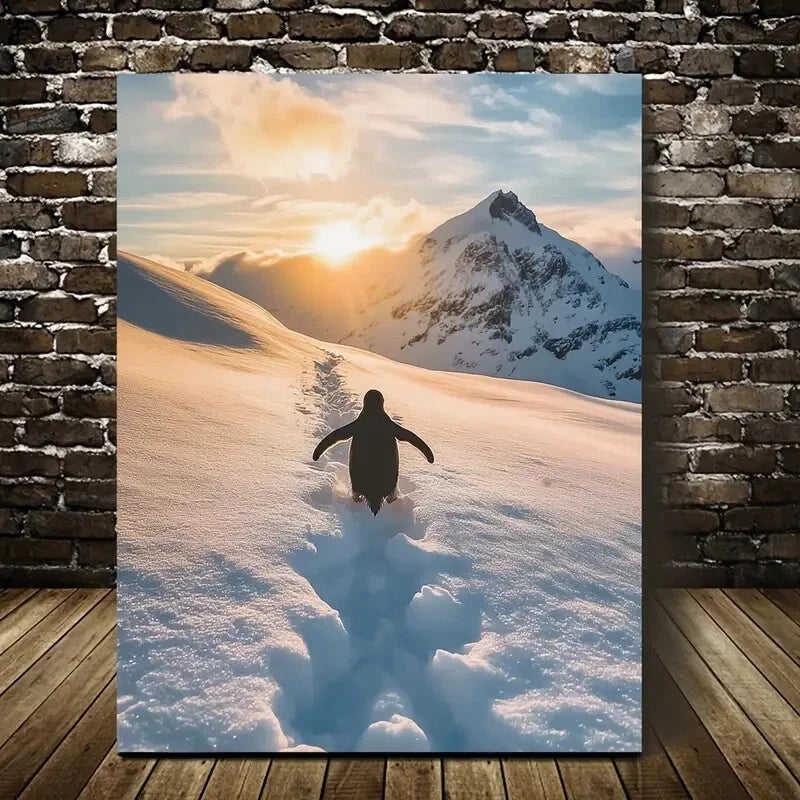 Inspirational Penguin Sliding in Snow Painting 40x60cm Metal Print Ready to Hang