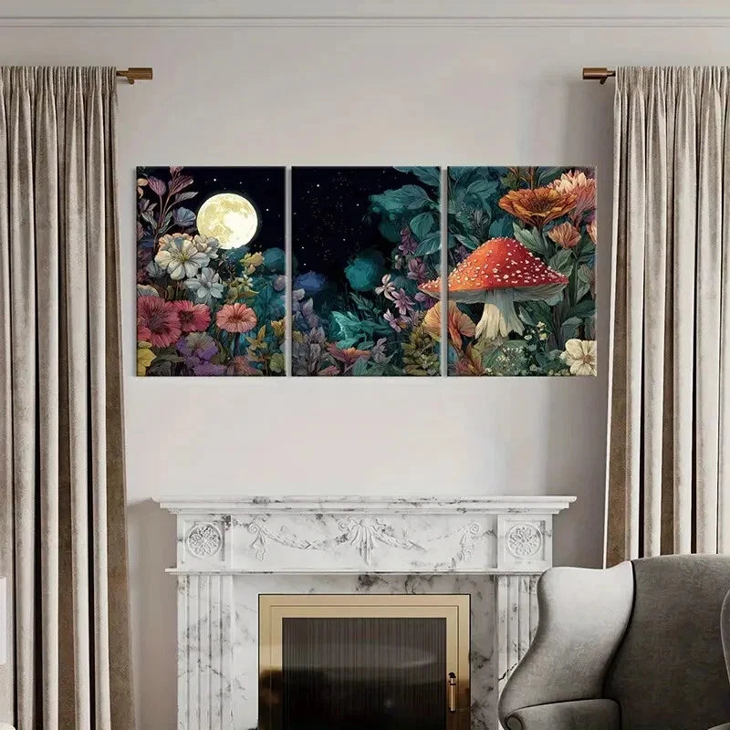 3pcs Enchanting Floral Fantasy with Red Mushroom Metal Print Ready to Hang Art