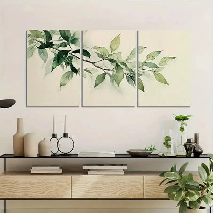 3pcs Watercolor Green Leaves on Branch Metal Print Ready to Hang Art