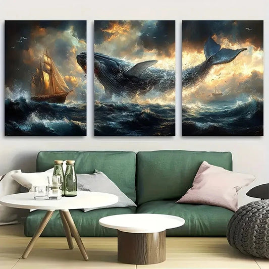 3pcs Majestic Whale and Sailboat Ocean Adventure Metal Print Ready to Hang Art