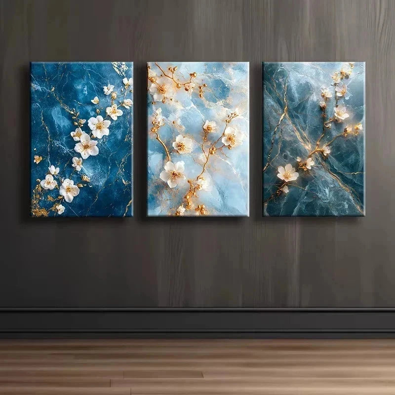 3pcs Blue, White & Golden Flowers Metal Print Ready to Hang Art
