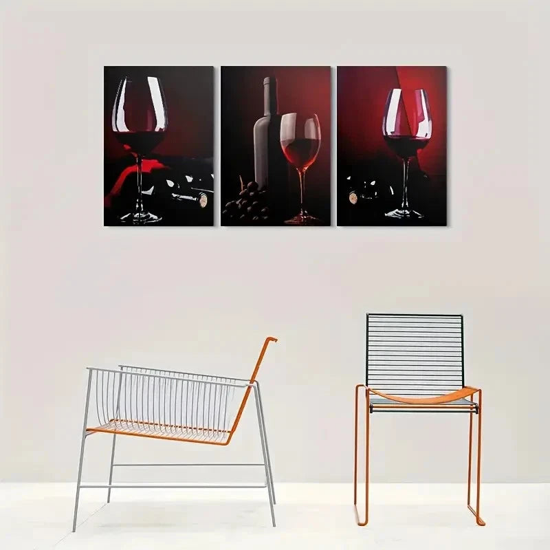 3pcs Dark Wine Glasses Bottles & Grapes Metal Print Ready to Hang Art