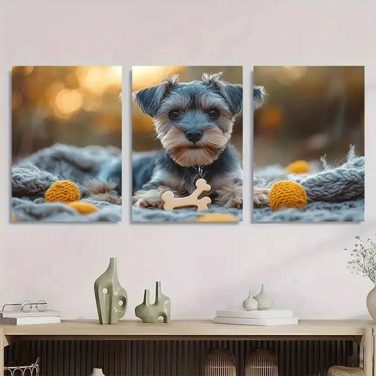 3pcs Adorable Schnauzer Puppy with Bone Tag Metal Print Ready to Hang Art