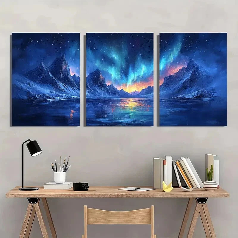 3pcs Aurora Borealis Snowy Mountains & Starry Sky Metal Print Ready to Hang Art