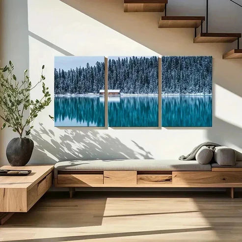 3pcs Snow Cabin Lake Forest Modern Wall Art Set Canvas Unframed - High Quality Print 100% Australian Made Wall Canvas