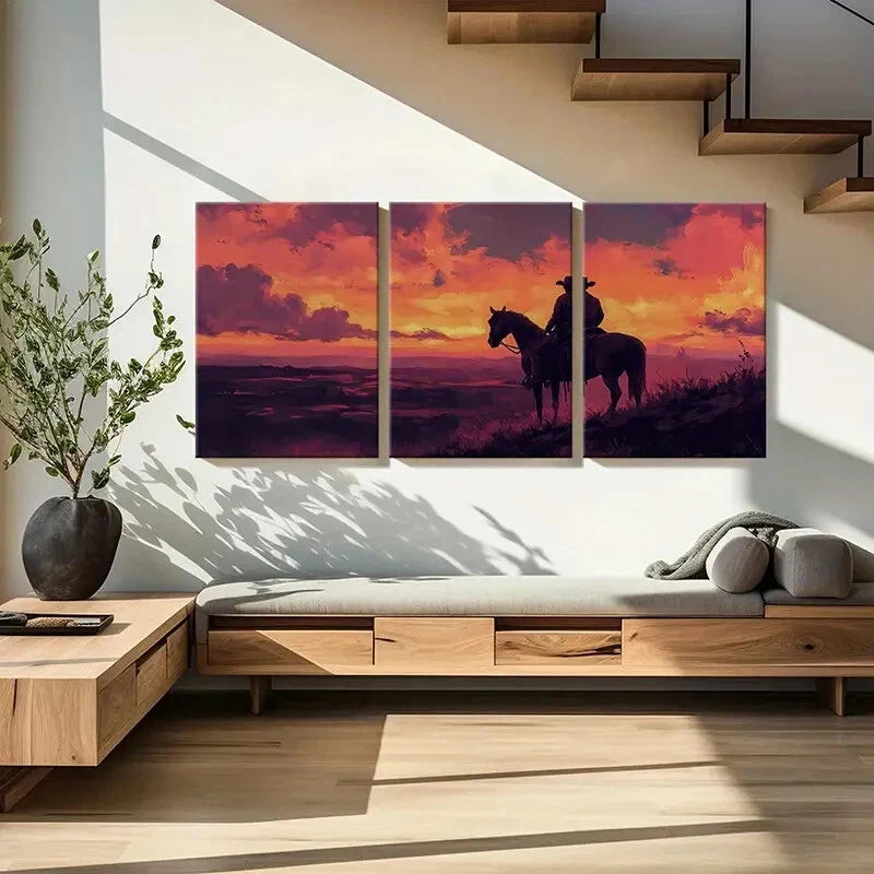 3pcs Western Cowboy Sunset Landscape Art Metal Print Ready to Hang Art