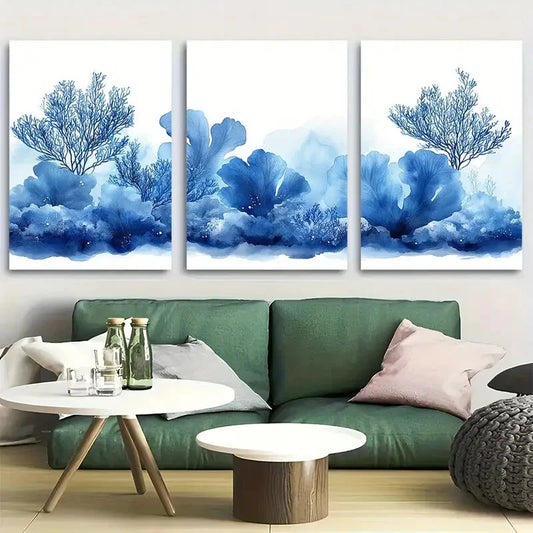 3pcs Blue Corals Watercolor Sea Life Design Metal Print Ready to Hang Art