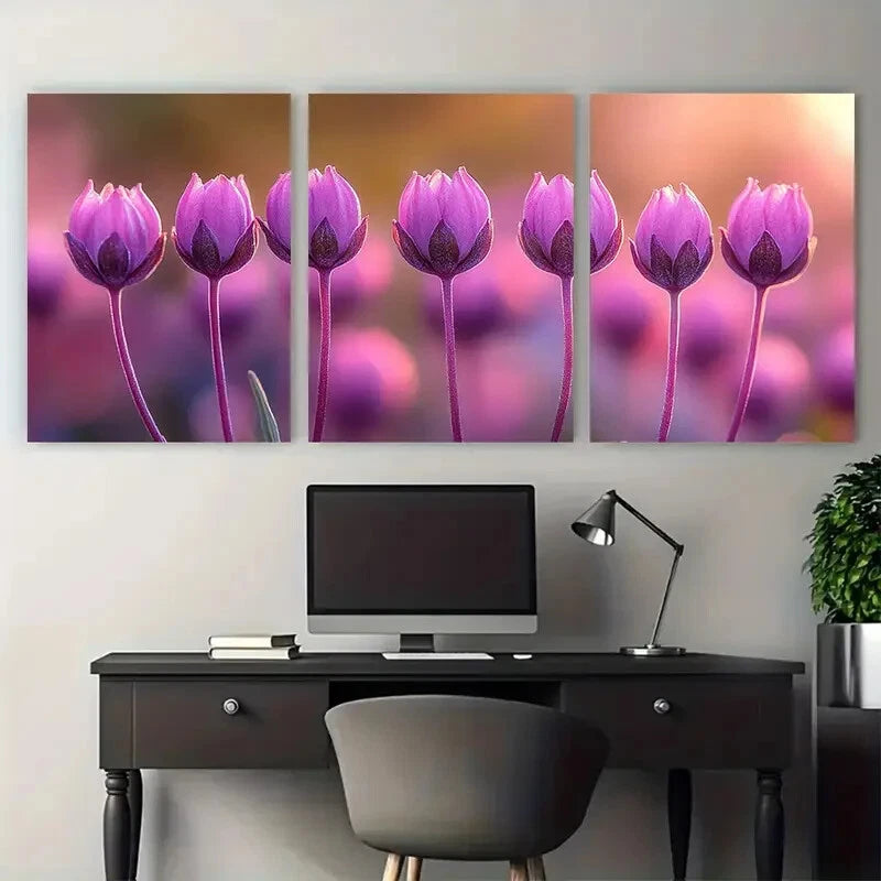 3pcs Small Purple Pink Flower Buds Illustration Metal Print Ready to Hang Art