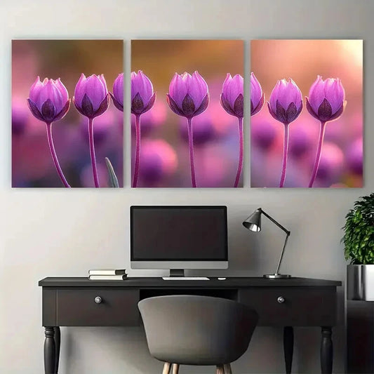 3pcs Small Purple Pink Flower Buds Illustration Metal Print Ready to Hang Art