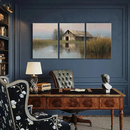 3pcs Vintage Barn Reflection Serene Landscape Metal Print Ready to Hang Art