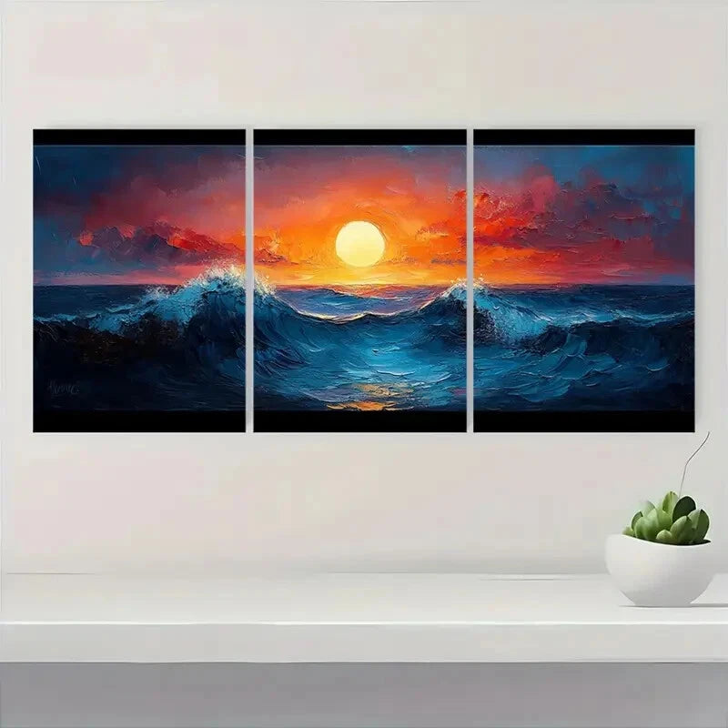3pcs Sunset Ocean Wave with Black Frames Metal Print Ready to Hang Art