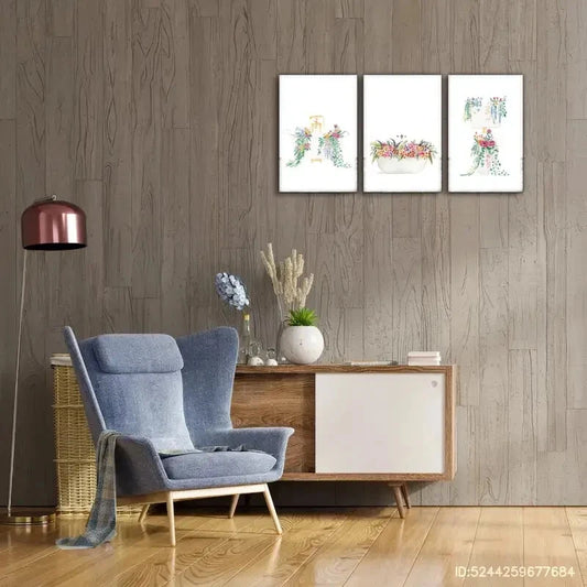 3pcs Bathtub Toilet Floral Art Botanical Water Metal Print Ready to Hang Art