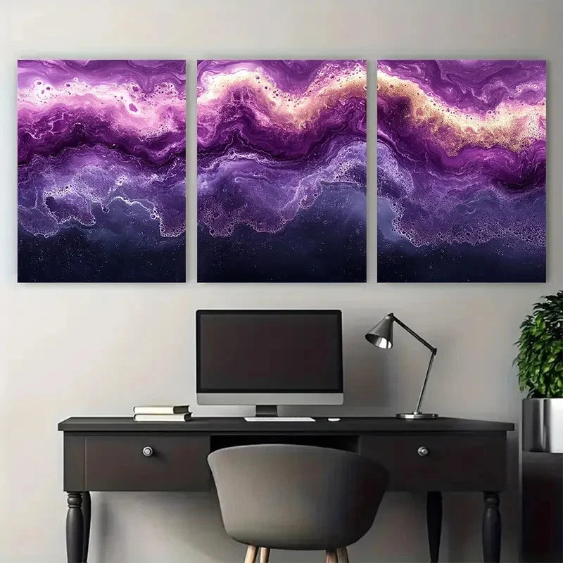 3pcs Vibrant Violet Marble Abstract Illustration Metal Print Ready to Hang Art