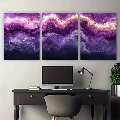 3pcs Vibrant Violet Marble Abstract Illustration Metal Print Ready to Hang Art
