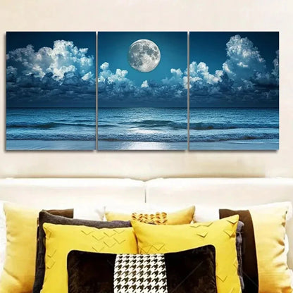 3pcs Beach Waves Themed Full Moon Metal Print Ready to Hang Art
