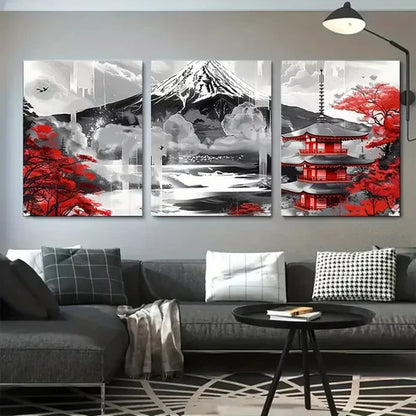 3pcs Mount Fuji and Red Temple Japanese Canvas Framed 60X90cm - High Quality Print 100% Australian Made Wall Canvas Ready to Hang
