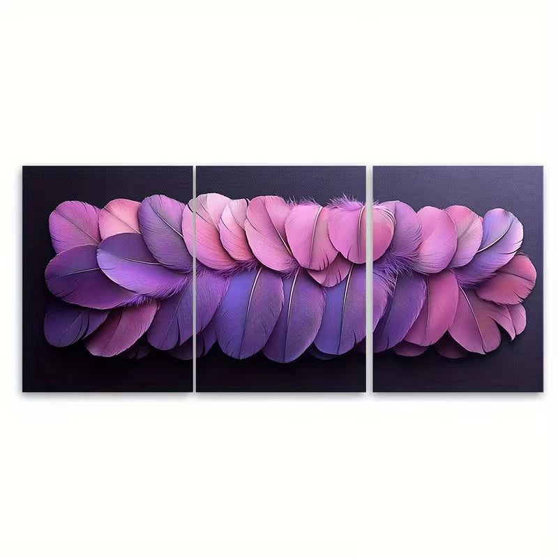 3pcs Purple Feather Texture Metal Print Ready to Hang Art