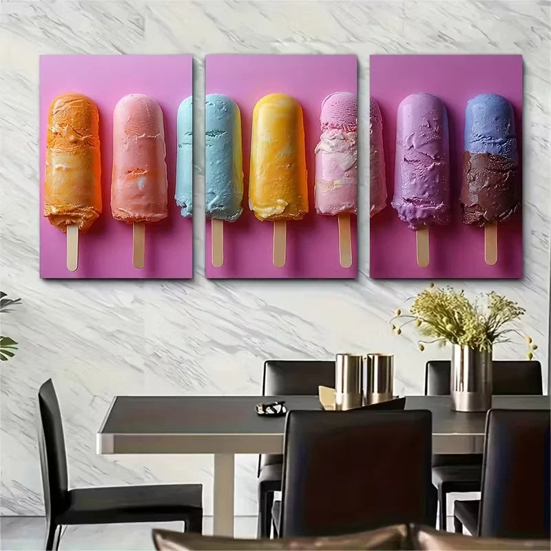 3pcs Vibrant Pastel Ice Cream Popsicle Metal Print Ready to Hang Art