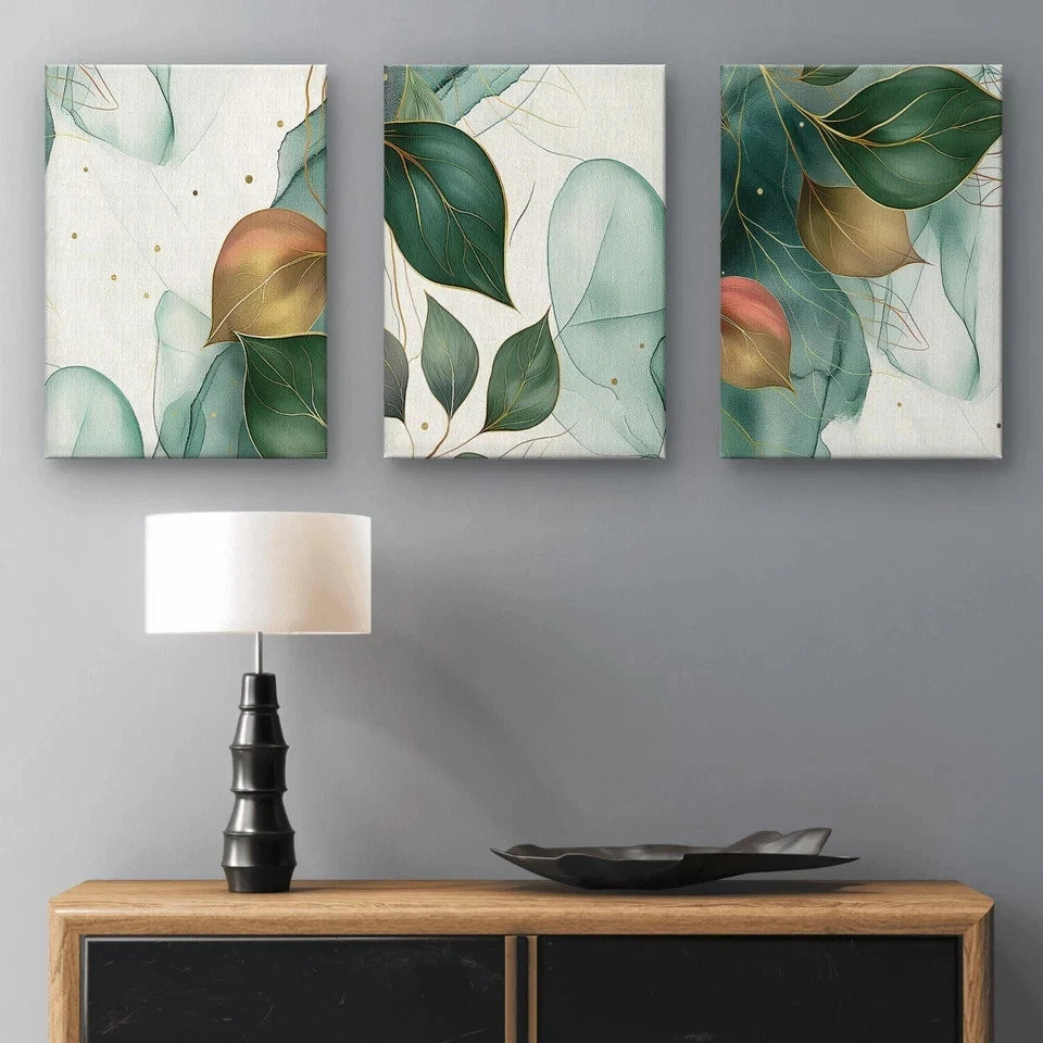 3pcs Abstract Botanical Green and Gold Leaves Wall Art Set Canvas Framed 60x90cm - High Quality Print 100% Australian Made Wall Canvas Ready to Hang
