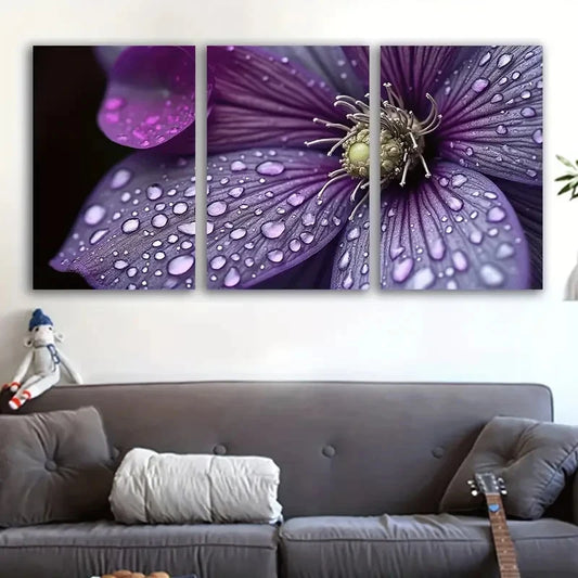 3pcs Purple Floral Drops Botanical Art Wall Art Set Canvas Framed 60x90cm - High Quality Print 100% Australian Made Wall Canvas Ready to Hang