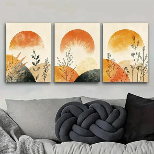 3pcs Sunset & Earthy Plant Pattern Wall Art Set Canvas Framed 40x60cm - High Quality Print 100% Australian Made Wall Canvas Ready to Hang