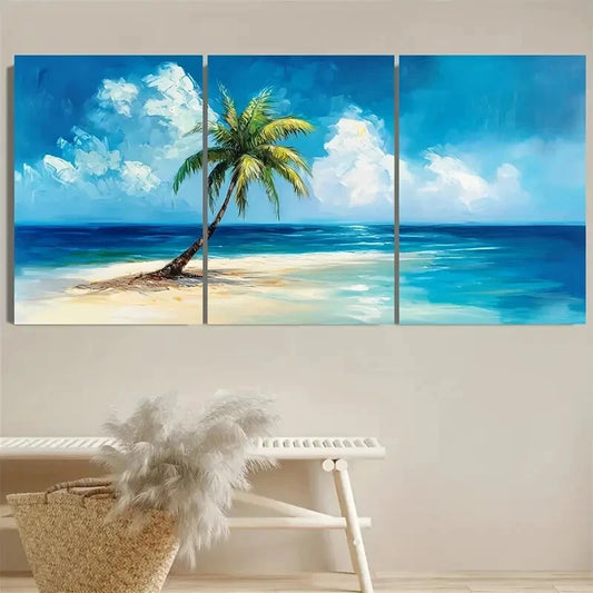 3pcs Lone Palm Tree on Desert Island Illustration Metal Print Ready to Hang Art