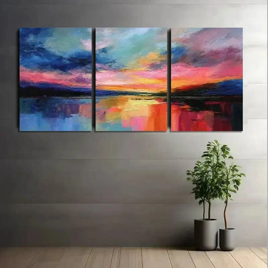 3pcs , Colorful Sky and Waves Landscape Painting Metal Print Ready to Hang Art