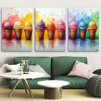 3pcs Ice Cream Cone Watercolor Design Metal Print Ready to Hang Art