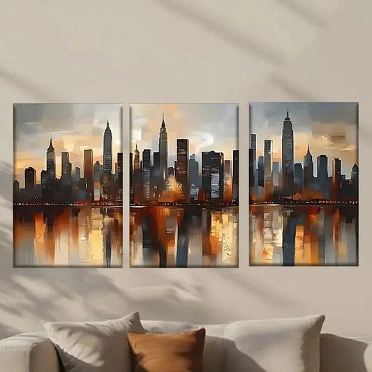 3pcs Painting of a City Skyline with Buildings Wall Art Set Canvas Framed 50x70cm - High Quality Print 100% Australian Made Wall Canvas Ready to Hang