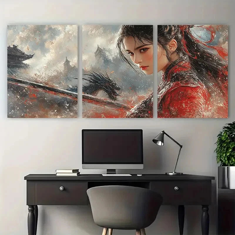 3pcs Asian Warrior Lady with Sword Dragon Fantasy Metal Print Ready to Hang Art