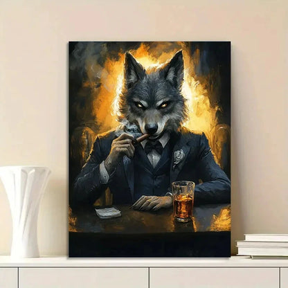 Sophisticated Wolf in Suit Cigar Scene Whimsical 40x60cm Metal Print Ready to Hang