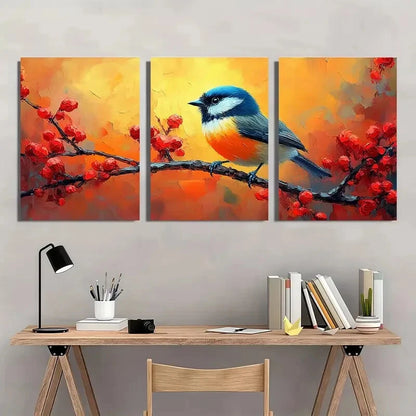 3pcs Vibrant Tufted Chickadee Blue & Orange Birds Metal Print Ready to Hang Art