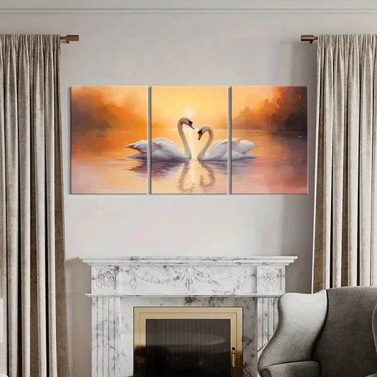 3pcs Swan Couple in Lake Sunset Serene Metal Print Ready to Hang Art