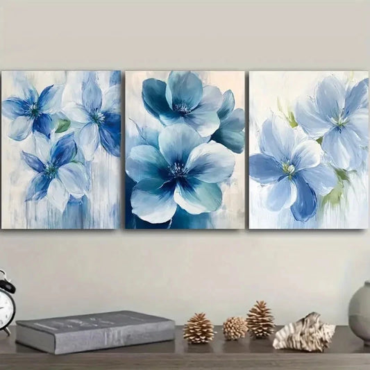 3pcs Blue Flowers Painting Luxurious Metal Print Ready to Hang Art