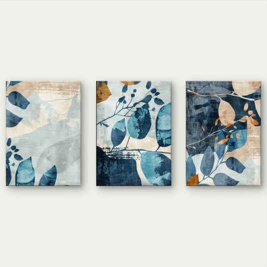 3pcs Modern Abstract Navy Blue and Gold Leaves Wall Art Set Canvas Framed 50x70cm - High Quality Print 100% Australian Made Wall Canvas Ready to Hang