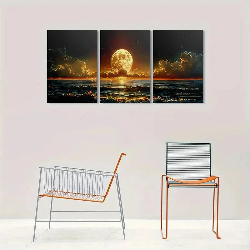 3pcs Ocean Moonlit Night Sunset Sky Metal Print Ready to Hang Art