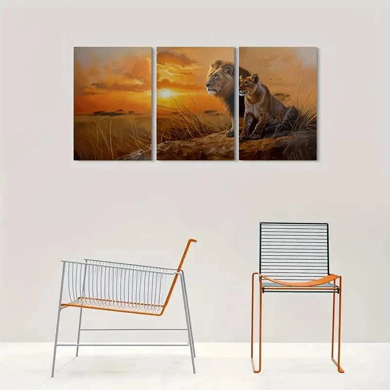 3pcs Lion Family in African Sunset Metal Print Ready to Hang Art