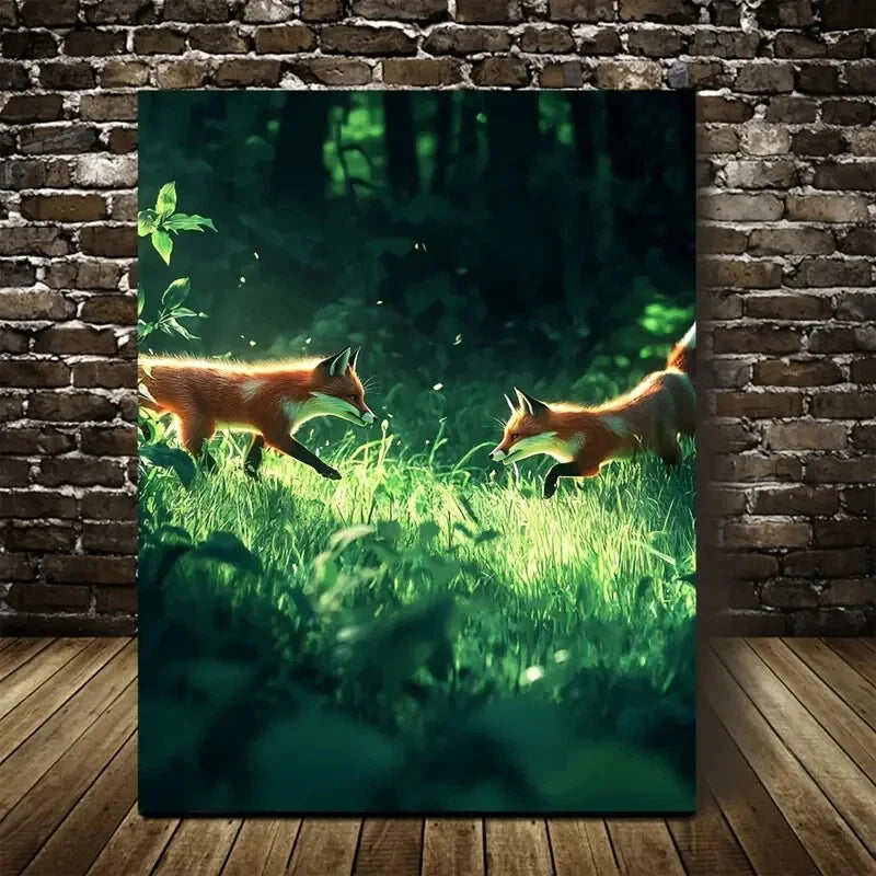 Realistic Foxes in Lush Green Meadow Scene 40x60cm Metal Print Ready to Hang