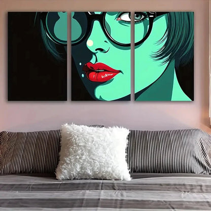 3pcs Vibrant Green Woman With Glasses Portrait Wall Art Set Canvas Framed 40x60cm - High Quality Print 100% Australian Made Wall Canvas Ready to Hang