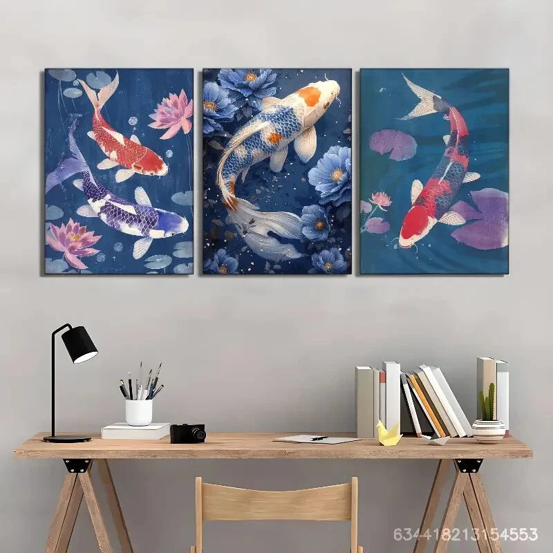 3pcs Fish in the Lotus Pond Ornamental Fish Metal Print Ready to Hang Art